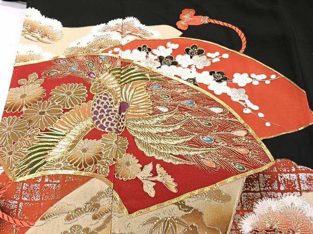 平和屋着物■豪華黒留袖 駒刺繍 孔雀花文 松竹梅 金彩 正絹 逸品 CABD3066xi