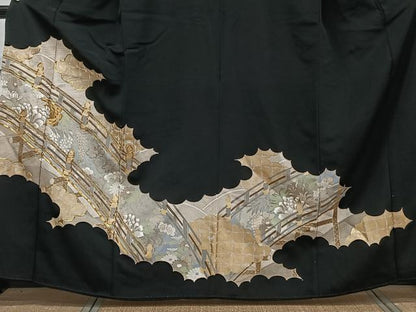 平和屋着物■豪華黒留袖 駒刺繍 渡橋花文 金彩 正絹 逸品 CABD3106xi