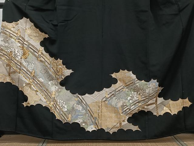平和屋着物■豪華黒留袖 駒刺繍 渡橋花文 金彩 正絹 逸品 CABD3106xi