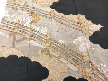 平和屋着物■豪華黒留袖 駒刺繍 渡橋花文 金彩 正絹 逸品 CABD3106xi