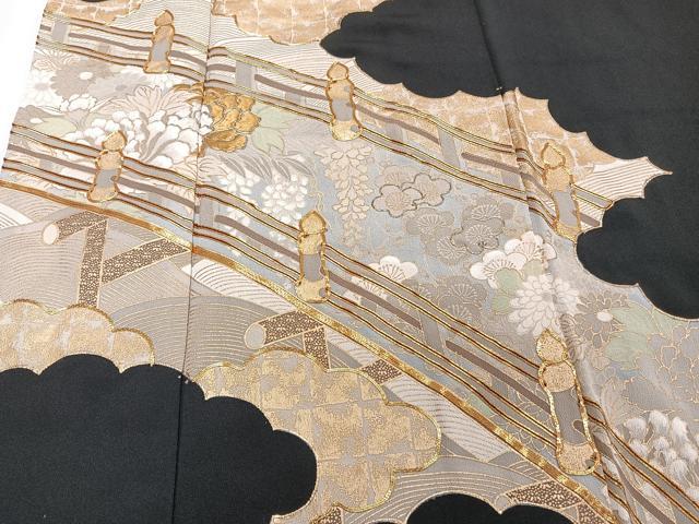 平和屋着物■豪華黒留袖 駒刺繍 渡橋花文 金彩 正絹 逸品 CABD3106xi
