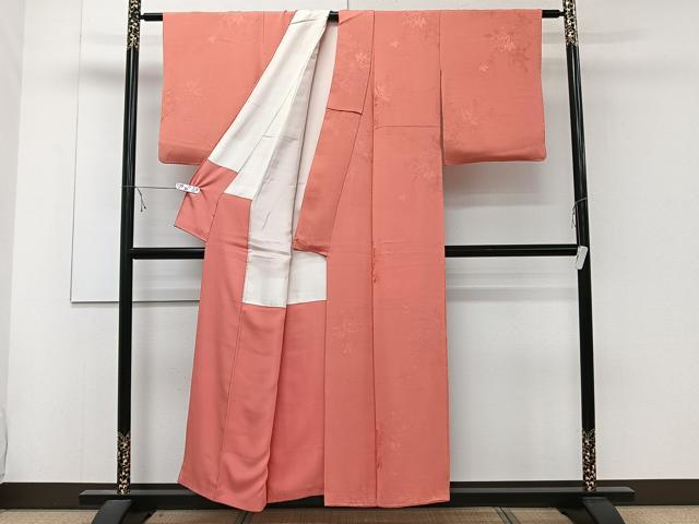 平和屋着物■上質な色無地 絵霞花地紋 鉛丹色 正絹 逸品 CABD3116xi