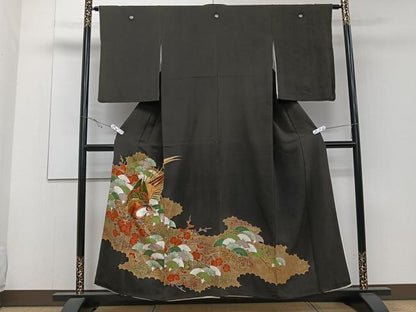 平和屋着物■豪華黒留袖　駒刺繍　尾長鳥枝松梅文　金彩　正絹　逸品　CABD3152xi