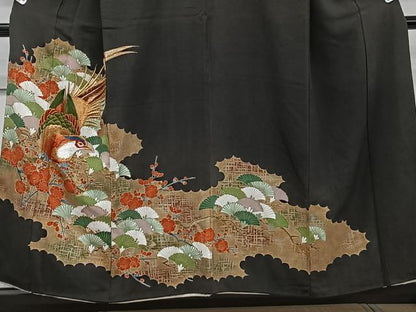 平和屋着物■豪華黒留袖　駒刺繍　尾長鳥枝松梅文　金彩　正絹　逸品　CABD3152xi