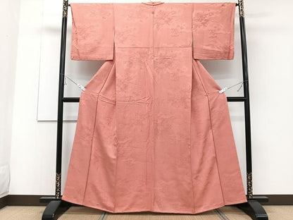平和屋着物■上質な色無地　雲取り花地紋　珊瑚朱色　正絹　逸品　CABD3183xi
