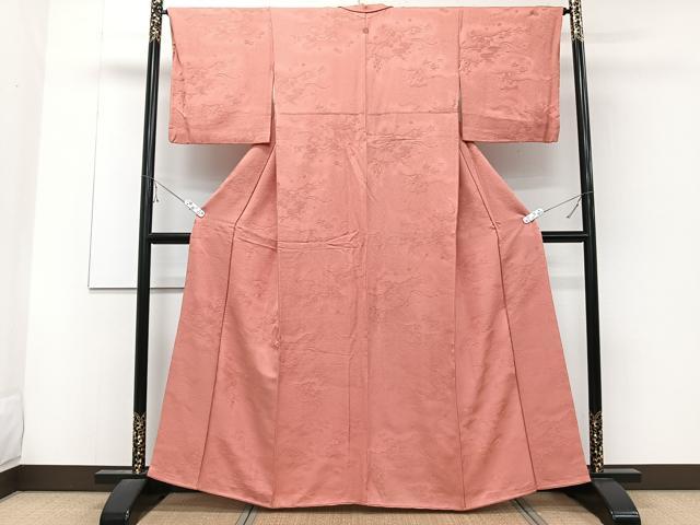 平和屋着物■上質な色無地　雲取り花地紋　珊瑚朱色　正絹　逸品　CABD3183xi