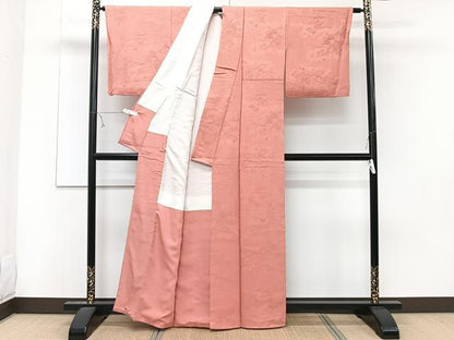 平和屋着物■上質な色無地　雲取り花地紋　珊瑚朱色　正絹　逸品　CABD3183xi