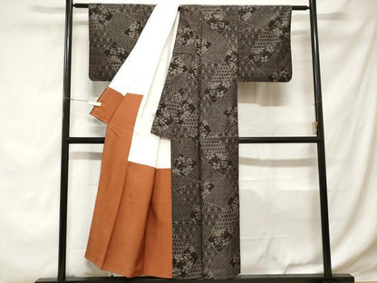 平和屋着物■上質な紬 切嵌麻の葉花文 正絹 逸品 CABD3298ev