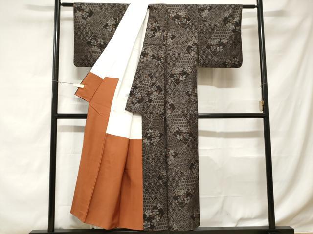 平和屋着物■上質な紬 切嵌麻の葉花文 正絹 逸品 CABD3298ev