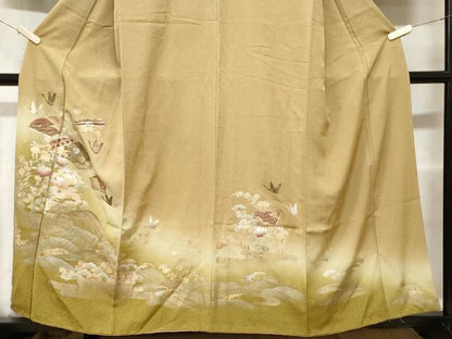 平和屋着物■訪問着　扇面飛鶴草花文　暈し染め　金彩　正絹　逸品　CABD3300ev