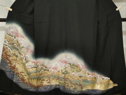 平和屋着物■豪華黒留袖　遠山樹林文　暈し染め　金彩　正絹　逸品　CABD3423ev
