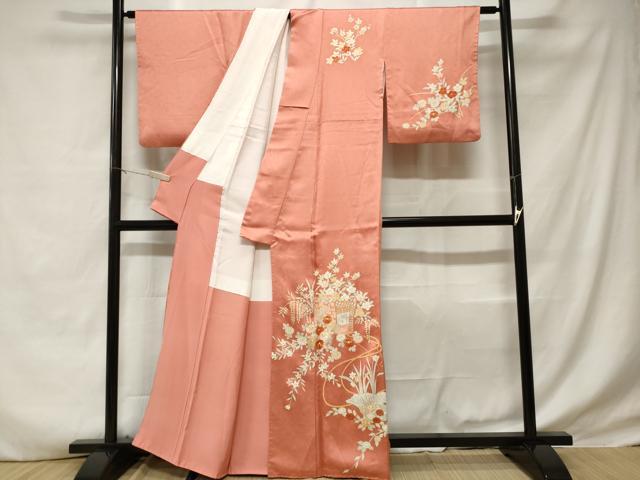 平和屋着物■訪問着　駒刺繍　御所車花文　金彩　正絹　逸品　CABD3427ev