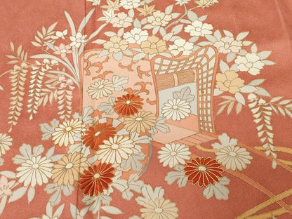 平和屋着物■訪問着　駒刺繍　御所車花文　金彩　正絹　逸品　CABD3427ev