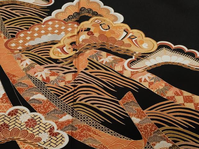 平和屋着物■豪華黒留袖 駒刺繍 宝尽くし松文 金銀彩 正絹 逸品 CABD3545ev
