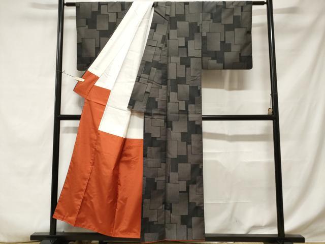 平和屋着物■上質な紬 色紙重ね文 黒地 正絹 逸品 CABD3554ev
