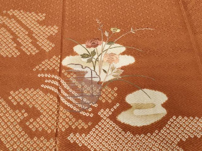 平和屋着物■訪問着　刺繍　絞り　雪輪草花文　正絹　逸品　CABD3626ev