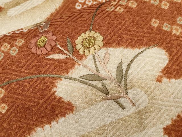 平和屋着物■訪問着　刺繍　絞り　雪輪草花文　正絹　逸品　CABD3626ev