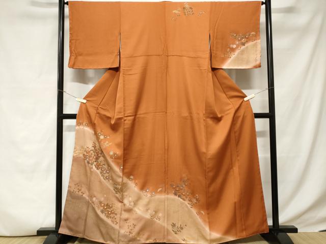 平和屋着物■訪問着　刺繍　草花文　暈し染め　金彩　正絹　逸品　CABD3642ev