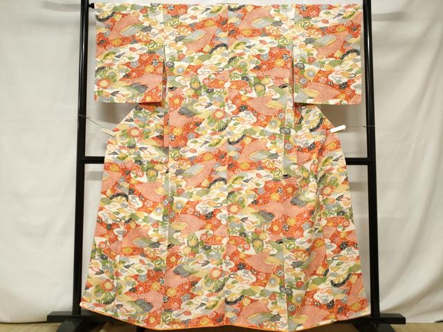 平和屋着物■上質な小紋　片輪車扇面花唐草文　正絹　逸品　CABD3650ev