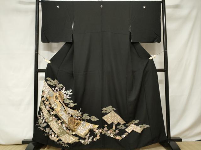 平和屋着物■豪華黒留袖　駒刺繍　鼓雪輪草花文　金彩　正絹　逸品　CABD3659ev