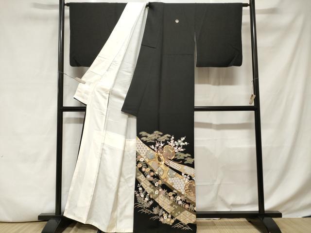 平和屋着物■豪華黒留袖　駒刺繍　鼓雪輪草花文　金彩　正絹　逸品　CABD3659ev
