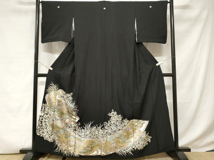 平和屋着物■豪華黒留袖　蒔絵風景花文　暈し染め　金銀彩　正絹　逸品　CABD3665ev