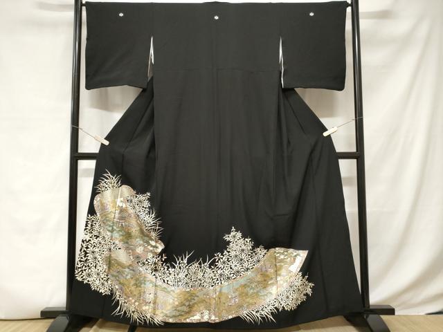 平和屋着物■豪華黒留袖　蒔絵風景花文　暈し染め　金銀彩　正絹　逸品　CABD3665ev