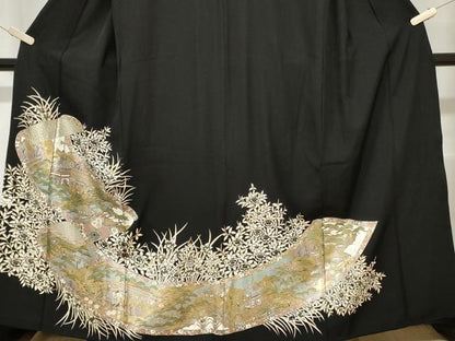 平和屋着物■豪華黒留袖　蒔絵風景花文　暈し染め　金銀彩　正絹　逸品　CABD3665ev