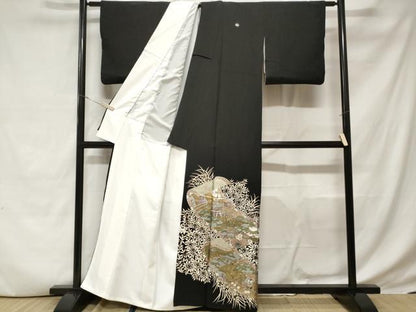平和屋着物■豪華黒留袖　蒔絵風景花文　暈し染め　金銀彩　正絹　逸品　CABD3665ev