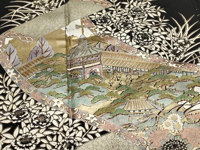 平和屋着物■豪華黒留袖　蒔絵風景花文　暈し染め　金銀彩　正絹　逸品　CABD3665ev