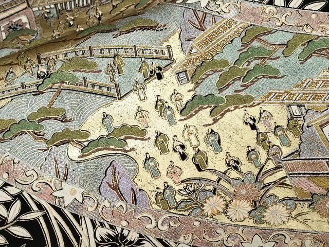 平和屋着物■豪華黒留袖　蒔絵風景花文　暈し染め　金銀彩　正絹　逸品　CABD3665ev