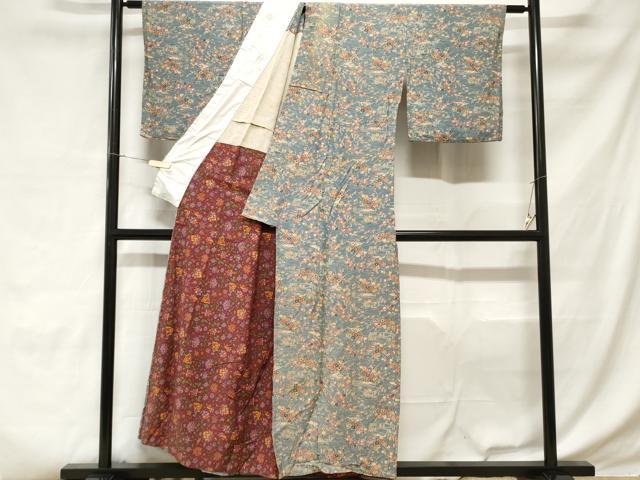 平和屋着物■上質な小紋　流水草花文　胴抜き仕立て　正絹　逸品　CABD3695ev