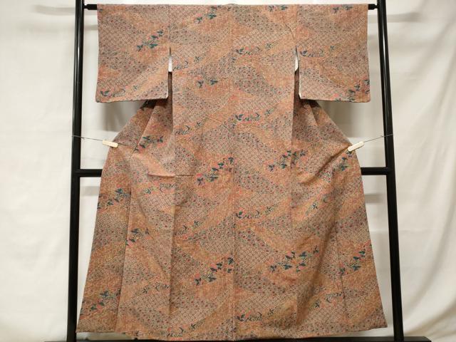 平和屋着物■上質な紬　切嵌更紗花文　正絹　逸品　CABD3761ev