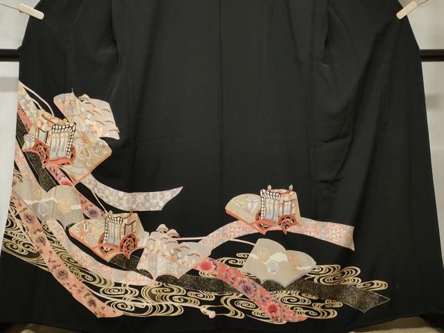平和屋着物■豪華黒留袖　駒刺繍　御所車冊子草花文　金彩　正絹　逸品　CABD3774ev