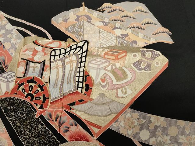 平和屋着物■豪華黒留袖　駒刺繍　御所車冊子草花文　金彩　正絹　逸品　CABD3774ev