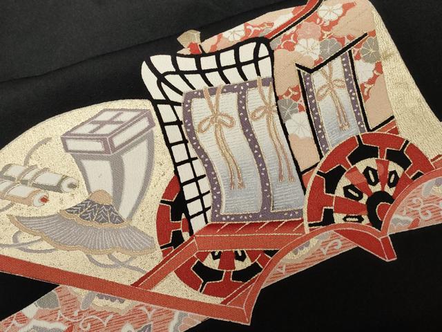 平和屋着物■豪華黒留袖　駒刺繍　御所車冊子草花文　金彩　正絹　逸品　CABD3774ev