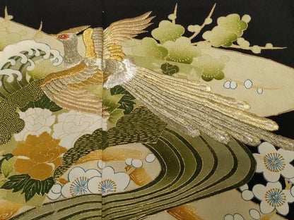 平和屋着物■豪華黒留袖　刺繍　鳳凰立波花文　暈し染め　金彩　正絹　逸品　CABD3842ev