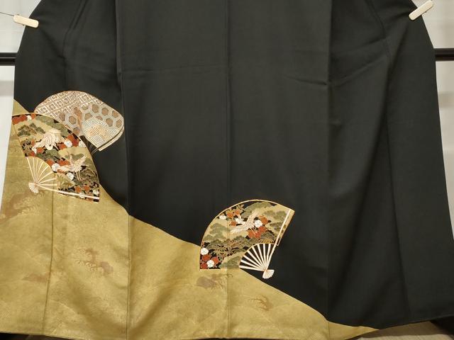 平和屋着物■豪華黒留袖　作家物　駒刺繍　飛鶴扇面松竹梅　金彩　正絹　逸品　CABD3863ev