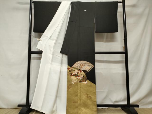 平和屋着物■豪華黒留袖　作家物　駒刺繍　飛鶴扇面松竹梅　金彩　正絹　逸品　CABD3863ev