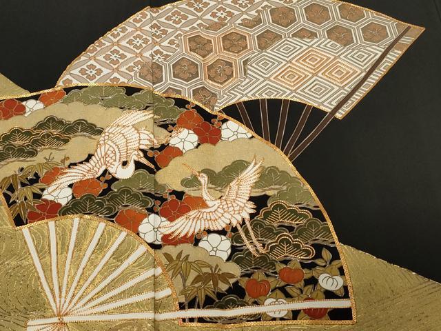 平和屋着物■豪華黒留袖　作家物　駒刺繍　飛鶴扇面松竹梅　金彩　正絹　逸品　CABD3863ev