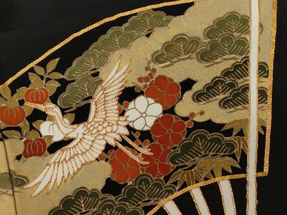 平和屋着物■豪華黒留袖　作家物　駒刺繍　飛鶴扇面松竹梅　金彩　正絹　逸品　CABD3863ev