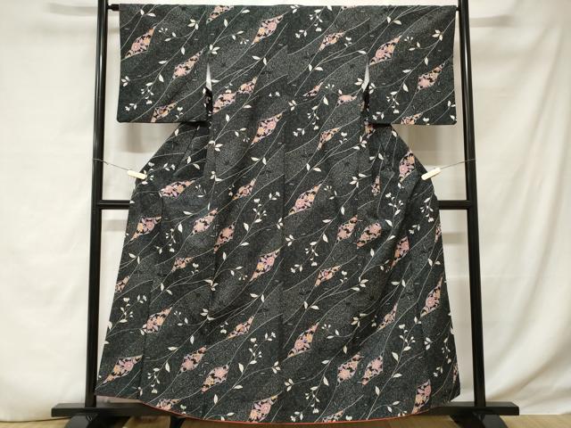 平和屋着物■小紋　更紗枝花文　黒地　洗える着物　CABD3887ev