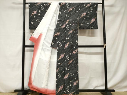 平和屋着物■小紋　更紗枝花文　黒地　洗える着物　CABD3887ev