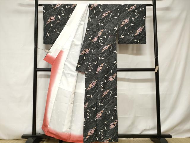 平和屋着物■小紋　更紗枝花文　黒地　洗える着物　CABD3887ev