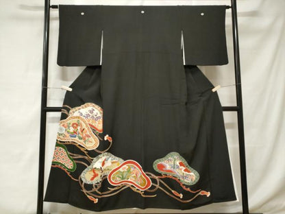 平和屋着物■豪華黒留袖　刺繍　松竹梅花鳥文　金彩　正絹　逸品　CABD3892ev
