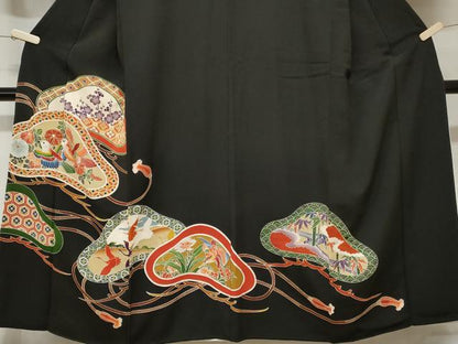 平和屋着物■豪華黒留袖　刺繍　松竹梅花鳥文　金彩　正絹　逸品　CABD3892ev
