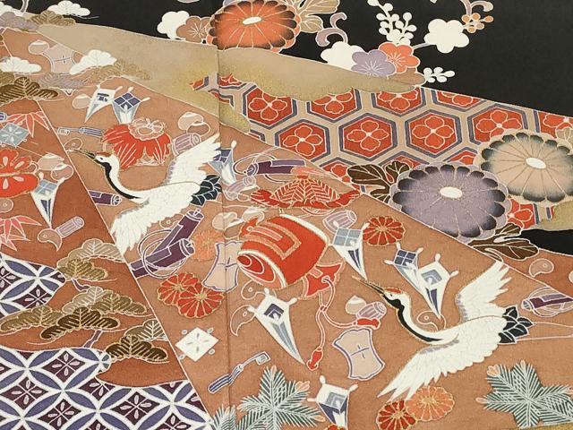 平和屋着物■豪華黒留袖 作家物 飛鶴宝尽くし吉祥花文 金彩 正絹 逸品 CABD3953ev