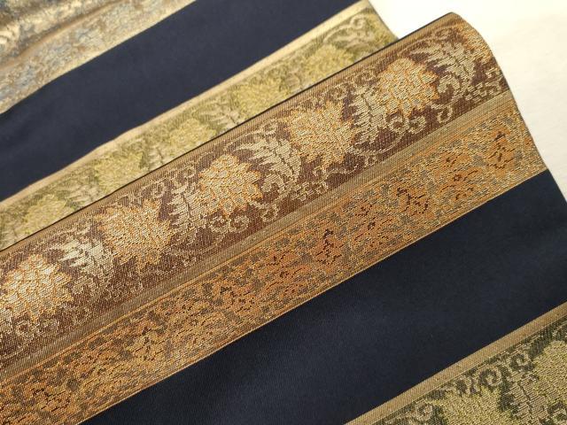 平和屋着物●九寸名古屋帯　横段草花文　金糸　正絹　逸品　CABD4031dy