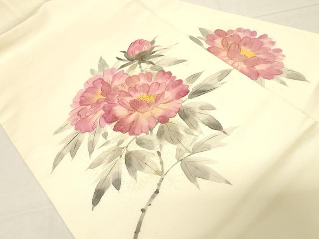 平和屋着物●塩瀬　九寸名古屋帯　手描き　草花文　金彩　正絹　逸品　CABD4035dy