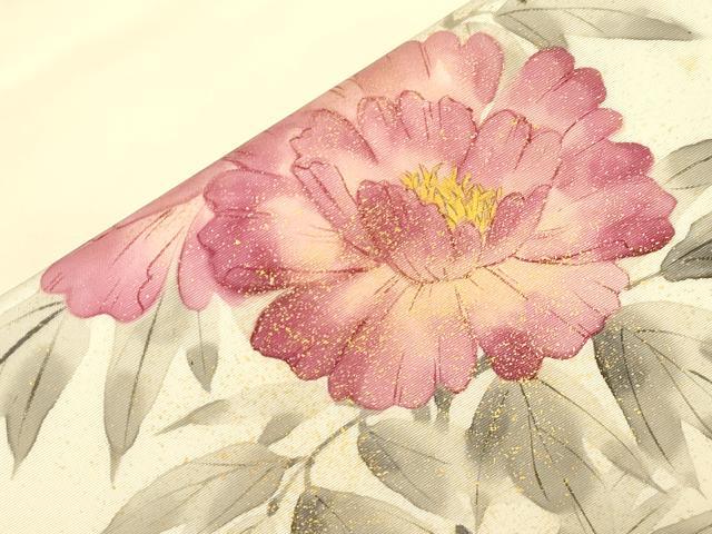 平和屋着物●塩瀬　九寸名古屋帯　手描き　草花文　金彩　正絹　逸品　CABD4035dy